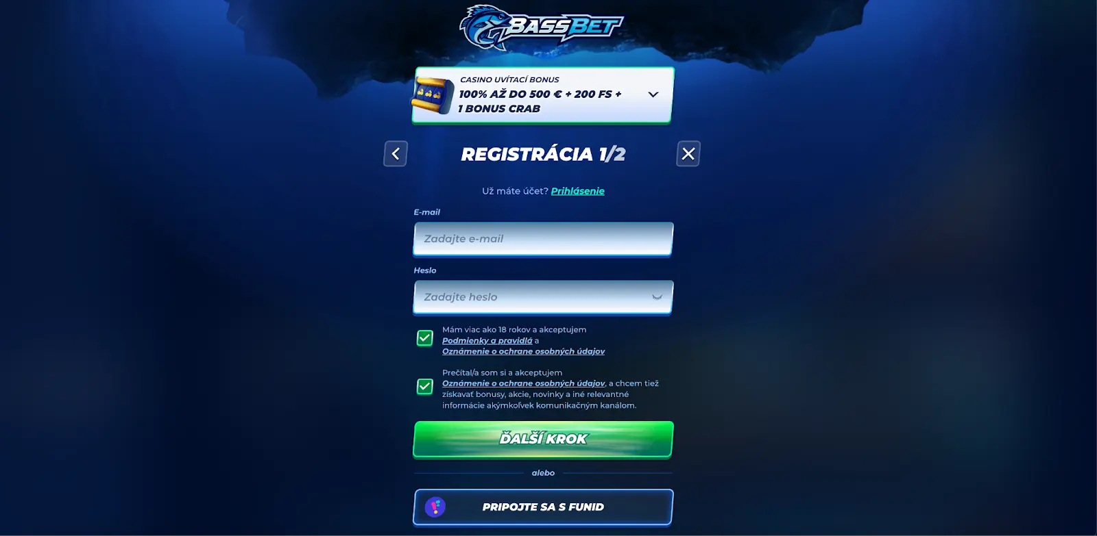 Registračný formulár v BassBet kasíne s uvítacím bonusom