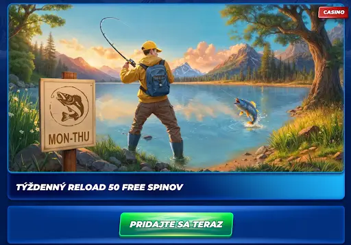 Rybár pri jazere s ponukou týždenného bonusu 50 free spinov